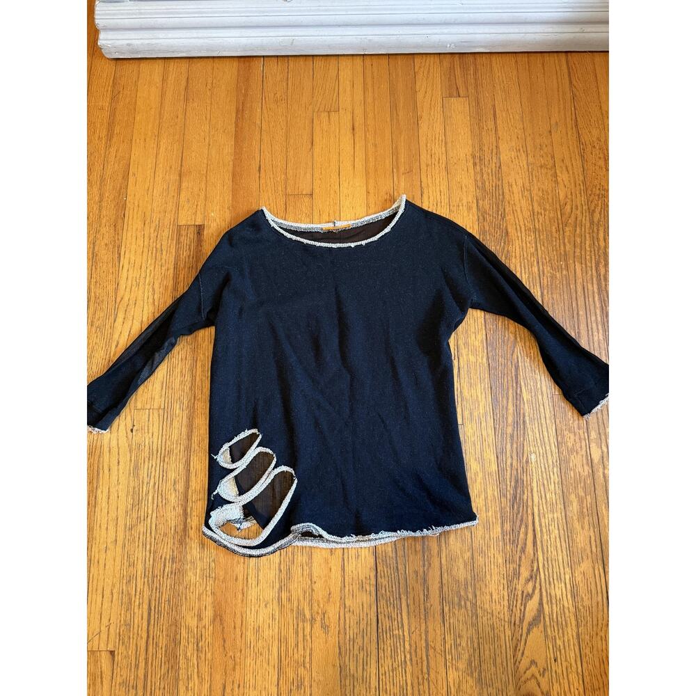 Anama Sheer Mesh Knit Shirt Womens Black Raw Edge Cutout 3/4 Sleeve AW13-134
